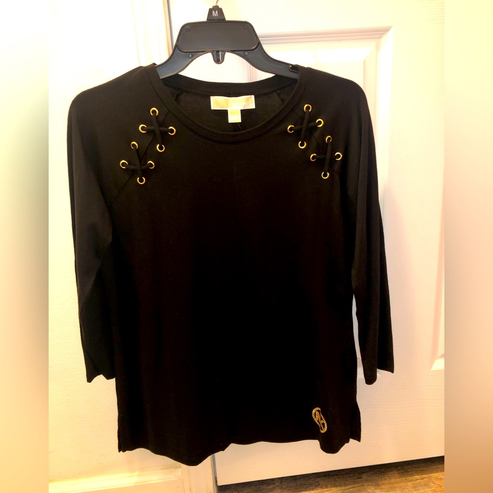 Michael Kors Black Shirt w/ Gold Accent Criss Cross Size M NWT